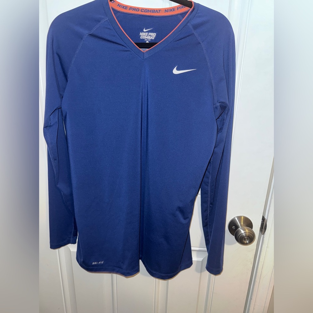 Men’s Blue and Orange Fitted Nike Pro Combat Shirt